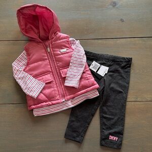 DKNY Baby Girls Puffer Vest, Shirt and Leggings 3-Piece Set 12 Months